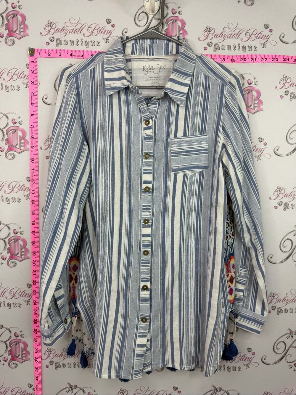 Kyla Sea patchwork long handmade shirt  Blue & White Stripe Button-Down Shirt